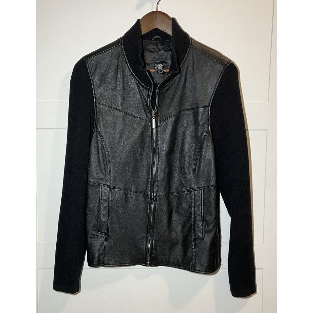 Jaclyn Smith Womens Size 14 Black Leather Jacket Knit Sleeve Full Zip Moto Biker